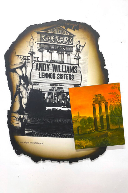 Bryce Delplanque, Learning from Las Vegas, Fusain, café, vernis automobilemat sur bois (grand format), Huile et acrylique sur bois et vernis automobile brillant sur bois (petit format). Per gentile concessione della Galerie Prima