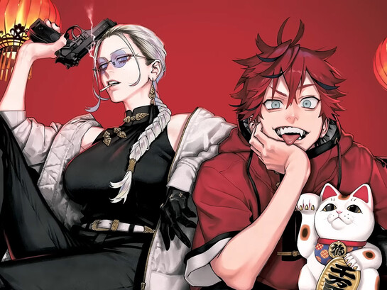 An illustration of two Gokurakugai characters, with Alma’s vivid red jacket heightening his bold, mischievous presence