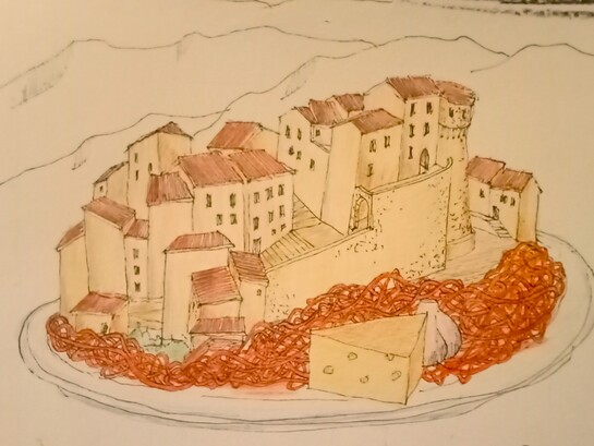 Frasso: "se insinùa entre muros ajenos" (si insinua tra muri altrui). Disegno di Renato Vivaldi-Tesser