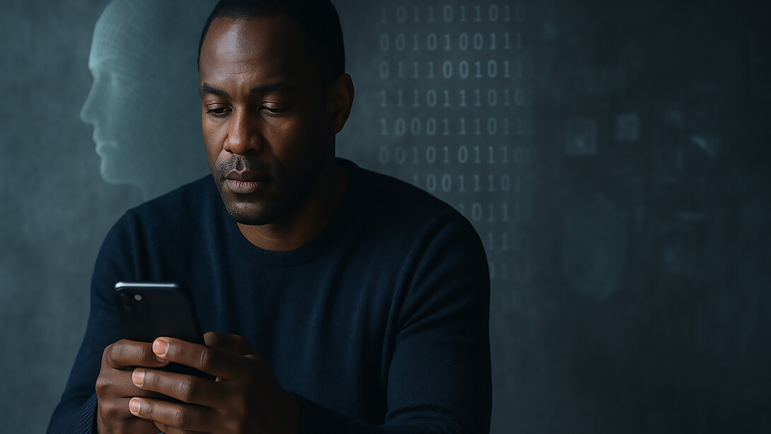 A man reflects on his digital presence, surrounded by invisible data—capturing the quiet tension between connectivity, identity, and dignity in the digital age