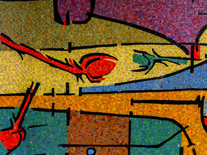 Un elemento - Personaje vertical en evolución horizontal (detalle). Mural de Oswaldo Vigas, edificio del Rectorado, Universidad Central de Venezuela, Caracas