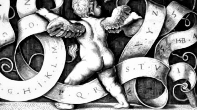 Grabado de Hans Sebald Beham de 1542."El genio con el alfabeto". Impreso en el Decamerón bibliográfico de Dibdin, 1817