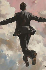 A man walking alone through the clouds symbolizes the essence of American individualism