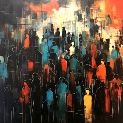 Digital artwork showing a mass of indistinct people, blurred into abstraction, capturing the feeling of being unseen in a modern crowd