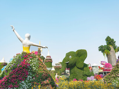 Figure in flowers in Dubai Miracle Garden, Dubai, United Arab Emirates
