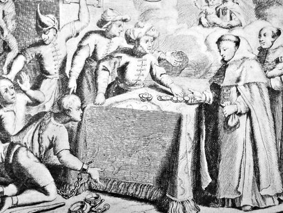 Compra de cativos cristãos dos Estados Barbários, século XVII. Para muitos impérios muçulmanos da época, a captura de infiéis — especialmente cristãos europeus — era interpretada como uma extensão da jihad, a guerra santa. A submissão física dos prisioneiros vinha acompanhada da tentativa de subjugar também sua fé, sua identidade e sua dignidade