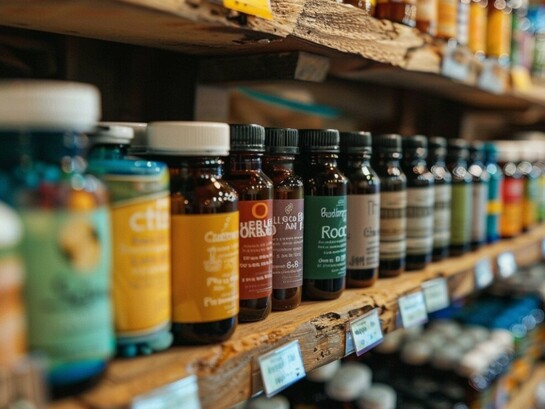Health and wellness supplements arranged on display shelves