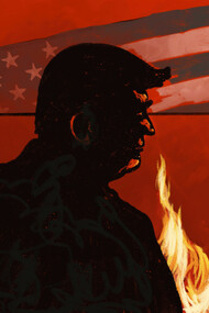 Donald Trump's silhouette against a backdrop featuring the American flag and scorching flames (illustration by Paola Bilancieri)