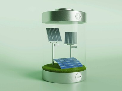 A clear battery container holds a small patch of green with miniature solar panels, visually representing solar energy as a power source and its potential for storage