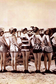 Mack Sennett's Bathing Beauties: models striking poses in iconic swimsuits from the 1920s era