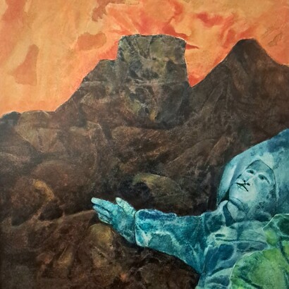 Agostino De Romanis, Guardando il mistero della montagna, tecnica mista su cartone fibra-legno, cm 50 x 35, 2007