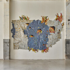El Anatsui and William Turnbull, Human traces, exhibition view. Courtesy of Axel Vervoordt Gallery