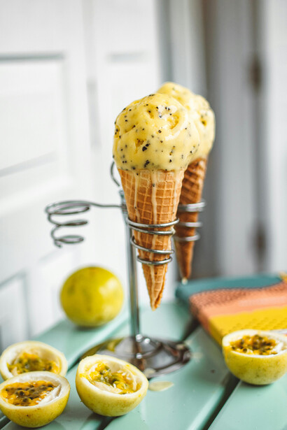 Close-up of ice cream cones made with natural ingredients