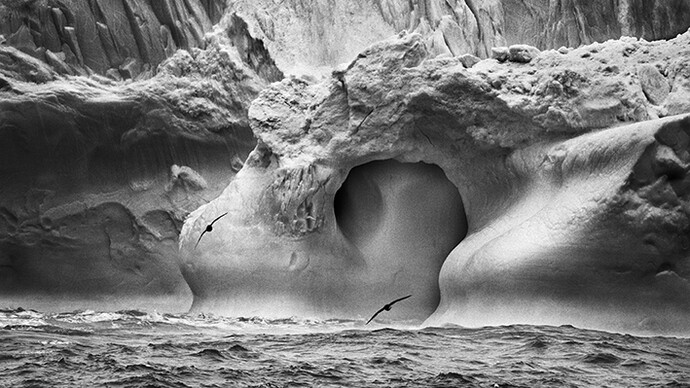 Sebastião Salgado, Gli iceberg sono pezzi di ghiacciaio che si staccano e vanno alla deriva nel mare. Tra l’Isola Bristol e l’Isola Bellingshausen, Isole Sandwich Australi, 2009. Per gentile concessione del Mart