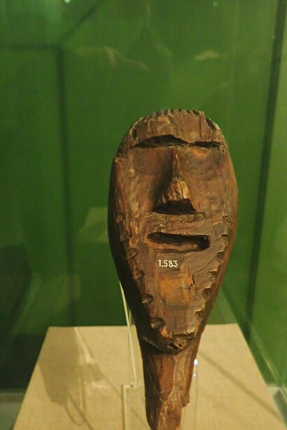 Close-up of the Shigir Idol’s carved face — One of several haunting visages that seem to watch us across millennia, inviting speculation about their meaning, Russia