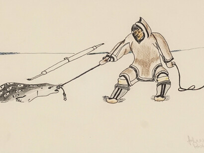 Johnny Pootoogook, Catching a seal, c. 1998. Courtesy of Feheley Fine Arts