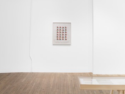 Elaine Reichek, Back stitch, exhibition view. Courtesy of Hoffman Donahue Gallery