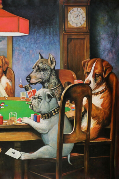 Cassius Marcellus Coolidge, Un amigo en necesidad (detalle) (1903), Serie Perros jugando al póker