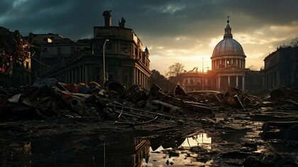 The ruins of a once-majestic capital reflect the fever dream of collapse explored in the article — a visual echo of America on the brink, where myth, denial, and decay converge