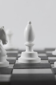 A monochrome set of white chess pieces arranged on a chessboard