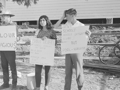 People gathered for Student Action for Aborigines protest outside Moree Artesian Baths, Australia
