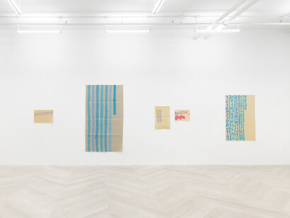 Giorgio Griffa, Consistently through variation, exhibition view. Courtesy of Casey Kaplan Gallery