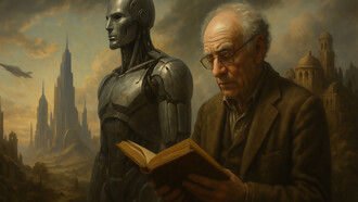 An elderly scholar reads intently beside a towering robot, set against a backdrop where a decaying city meets a futuristic skyline, symbolizing the tension between history, human agency, and technological destiny