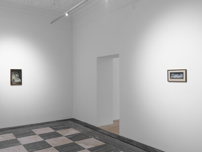 Justin Bradshaw, 9 paintings of drapery and eggs, exhibition view. Courtesy of Spazio Amanita