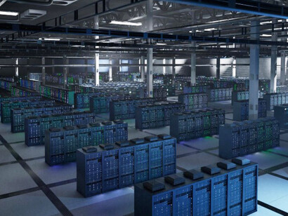 Server cabinets in a data center supporting large-scale AI datasets
