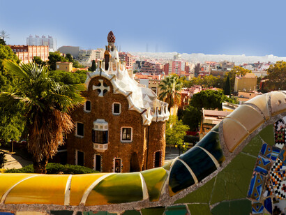 Park Güell in Barcelona, Spain, known for its vibrant mosaic benches and Gaudí’s distinctive architecture