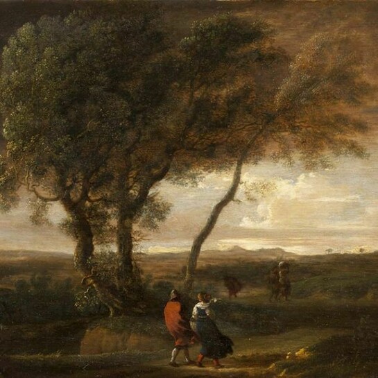 Herman Van Swanevelt, 1603 - 1655, Dutch School, An extensive windswept Panoramic Landscape with Travellers on a Path, Oil on Panel, 10 x 16 3/8 inches (25.4 x 41.6 cms), Signed in ink au verso:"Herman van Swanevelt fe," Provenance: Given by a friend of the painter, Sir Peter Lely, to the artist as a gift c. 1655 (according to a label au verso); Private Collection, UK. Note: The label au verso reads: " For my very worthy frend Mr Lilliy / very exellent paynter, at his Lodging / at Mr Flechers house uppon yr piazza / in ye covent Garden in ye Strand. / in London." According to Jacob Simon, Mr Flecher would almost certainly be referring to Tobias Flessier (1610 - 85) or Flusheer or Flushire with whom Lely shared his house in Covent Garden between 1651 and 1657, before he took it over himself in 1662