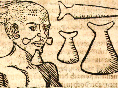 Gravura da primeira edição do livro de viagens ao Brasil, título original Warhaftige Historia, de Hans Staden, publicado em 1557