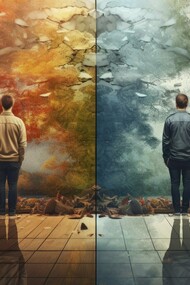 A lone figure stands between two opposing landscapes—one vibrant with autumn’s fiery hues, the other cold and fading into mist—visually embodying the inevitability of transformation and the dialectical balance between opposites