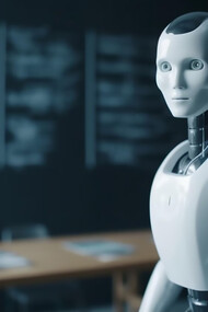 A robot standing in front of a blackboard, as if preparing to teach or present information