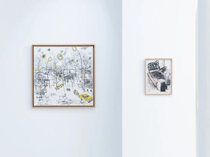 Salifou Lindou, Carambolage (Carom shots), exhibition view. Courtesy of Afikaris Gallery