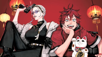 An illustration of two Gokurakugai characters, with Alma’s vivid red jacket heightening his bold, mischievous presence