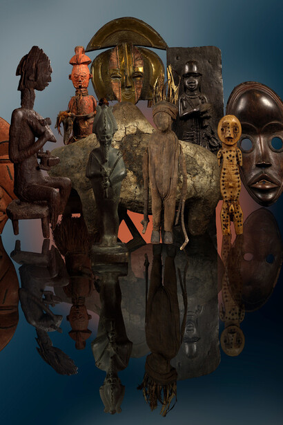 Ken Gonzales-Day, Africa (Digital composition with Africa, Democratic Republic of the Congo, Mask; Mali, Mother and Child Figure for the Gwan Association; Africa, Democratic Republic of the Congo, Figure of Hunter; Africa, Gabon, Funerary Figure; Africa, Nigeria, Plaque; Africa, Liberia, Mask; Africa, Republic of Mali, Boli (Komo Society Altar); Egypt, Saqqara, Shabti of Heka-em-saef, Captain of the Royal Fleet; Africa, Côte d'Ivoire, Fetish Figure; Africa, Democratic Republic of the Congo, Figure; All LACMA), 2025. Courtesy of Luis De Jesus Gallery