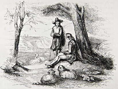 El mensaje de Cervantes queda claro: el acto de amar es un acto subversivo, que derriba leyes y dogmas, reinos y coronas, bienes y propiedades de no importa qué género. "L'ingénieux hidalgo Don Quichotte de la Manche" (J. J. Dubochet et C.) Historia de Eugenio y Leandra, viñeta "Los pastores Eugenio y Anselmo en la pastoral Arcadia, Vol.I. cap. 51 pág. 720. Edición: 1836-1837, Paris, Francia

