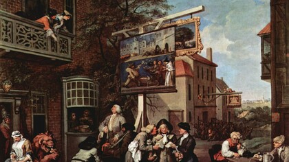 "Buscando votos", óleo sobre lienzo, William Hogarth, 1754-1755
