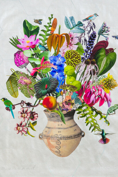 Jane Hammond, Neolithic painted vessel with fishbone cactus, echinacea and two blue-banded bees medum copy. Courtesy of Berggruen Gallery 