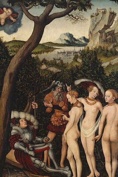Lucas Cranach el viejo, "El juicio de París", óleo sobre madera, circa 1528