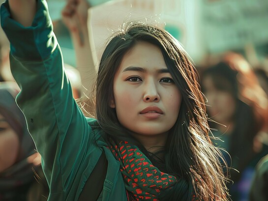 A young woman raising her hand in a call for change, representing how youth guide discussions where traditional politics often chooses to remain silent