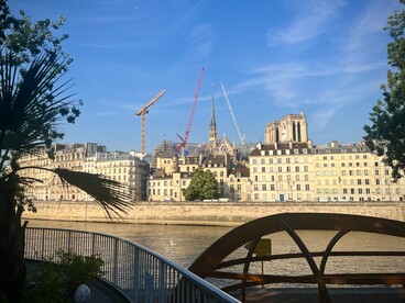 Restauration de Notre-Dame vue depuis le Quai de l'Hôtel de Ville, 27 juin 2024. Photo par Sharon Hahn Darlin