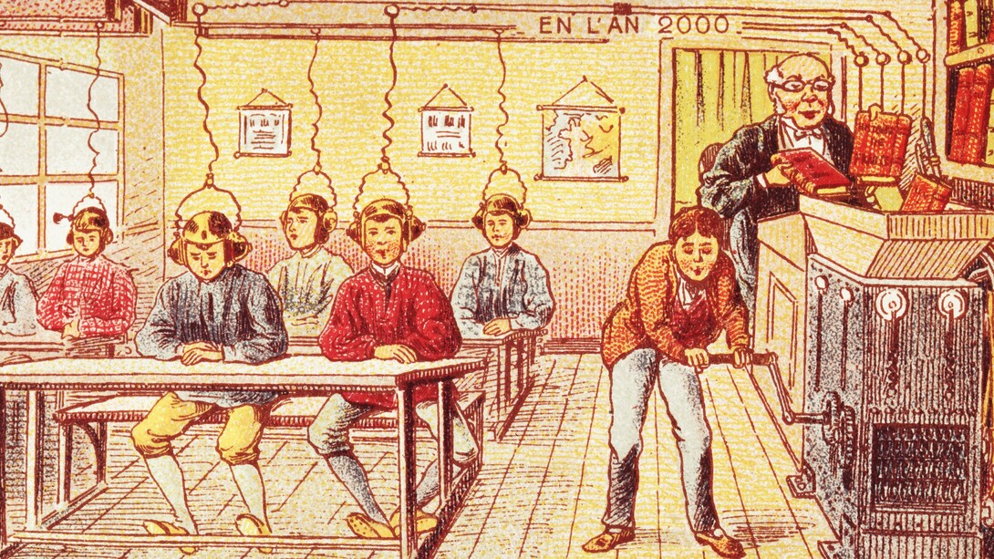 Cartão produzido em 1910, da série "França em 2000 - Escola do Futuro". Previa-se a escola francesa do ano 2000 operando com o princípio de baixar o conhecimento dos livros didáticos diretamente para o cérebro por meio de uma máquina elétrica. A IA oferece muitos benefícios, mas apresenta riscos complexos e significativos para a ética e a sociedade sem aplicações responsáveis. Os sistemas de IA assumem papéis de tomada de decisão mais autônomos, correndo o risco de viés algorítmico, falta de transparência, privacidade e segurança de dados e deslocamento de empregos