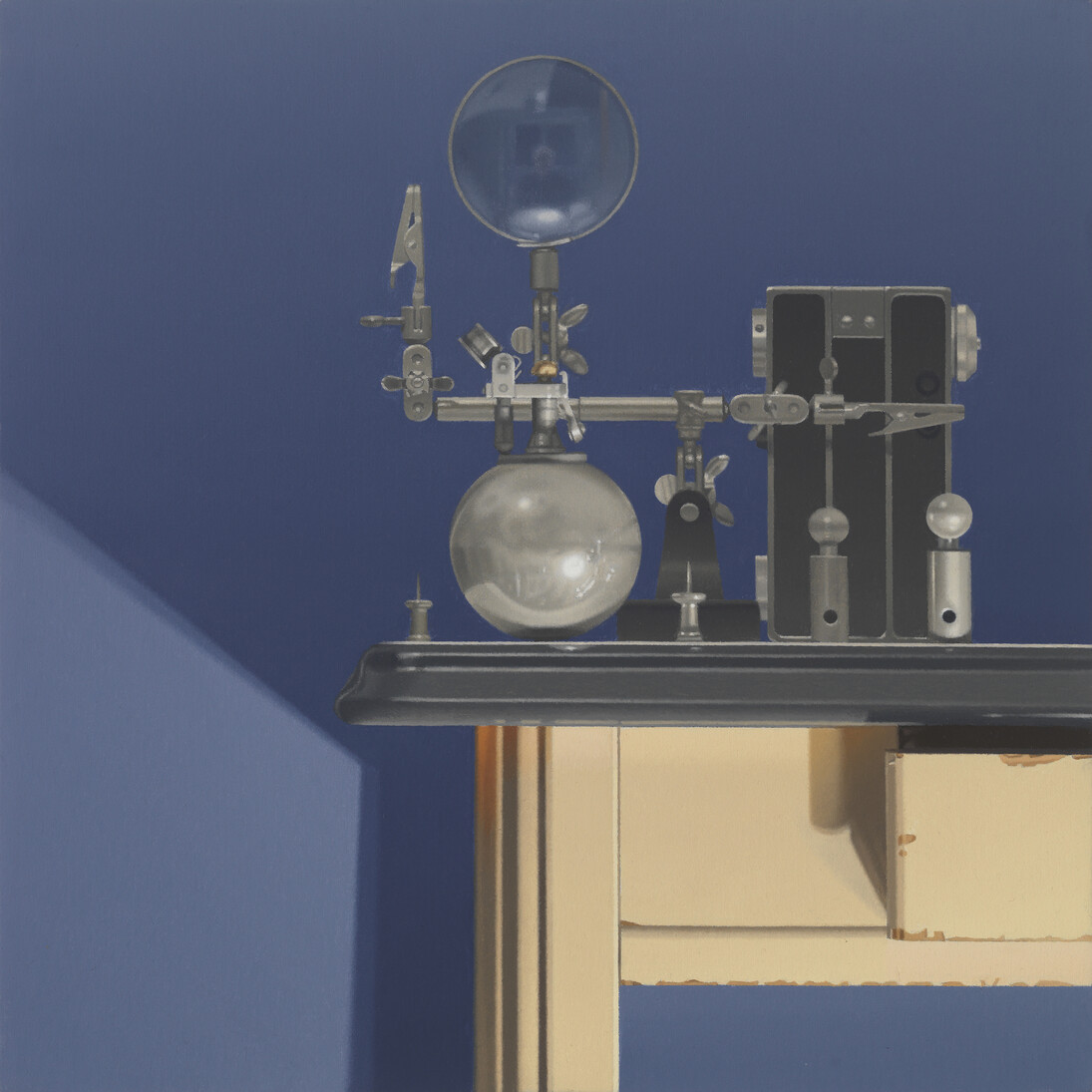 Harold Reddicliffe, Lighter, Lens, Camera, and Blue Wall, 2012, Oil on canvas, 14 x 14 in.