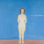 Alex Katz, Bather, 1959, oil on canvas, 48" x 72". Exhibited: Alex Katz Retrospective, Whitney Museum of American Art, 1986. Alex Paints Ada, Jewish Museum, New York, 2006. Brand-New & Terrific: Alex Katz in the 50s,Colby Museum of Art, Cleveland Museum of Art, 2015. Alex Katz Retrospective: Early Paintings, Colby College July 2015, Cleveland Museum of Art, Sept. 2015. Illustrated in color in catalogs. Illustrated in Alex Katz a Retrospective by Irving Sandler. Illustrated in Alex Katz by Robert Storr. Illustrated in Alex Katz Paintings 1957-59, Robert Miller Gallery, NY. 