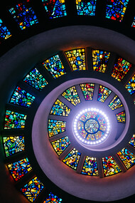 Spiraling stained glass windowed ceiling of the Thanks Giving Chapel in Dallas, Texas, USA recreates the Fibonacci sequence
