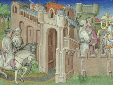 Ilustración de la llegada de los hermanos Polo a Bujará. "El libro de las maravillas" (1410-1412) de Mazarine Master 