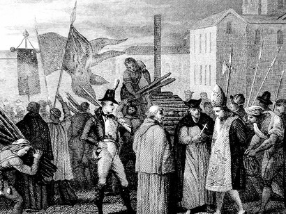Auto de fá en Valência, julho de 1826. O Tribunal da Inquisição existiu na Espanha entre 1478 e 1834 e em Portugal entre 1536 e 1821. As relações entre as duas monarquias ditaram a sorte de judeus e mouros, os quais durante séculos tinham praticado livremente a sua religião

