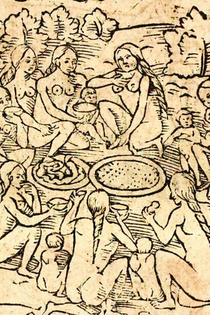 Ilustración del libro de Hans Staden "Verdadera historia y descripción de un país de salvajes desnudos, feroces y caníbales, situado en el Nuevo Mundo, América", 1557 